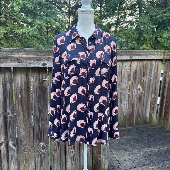LOFT Navy and Pink Floral Blouse - Picture 1 of 7